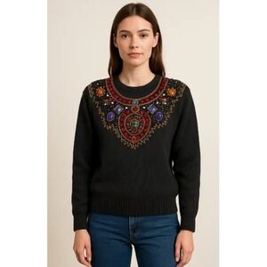 Lindsey Blake Vintage Beaded Jeweled Sweater Black Ramie Cotton Keyhole‎ Back M